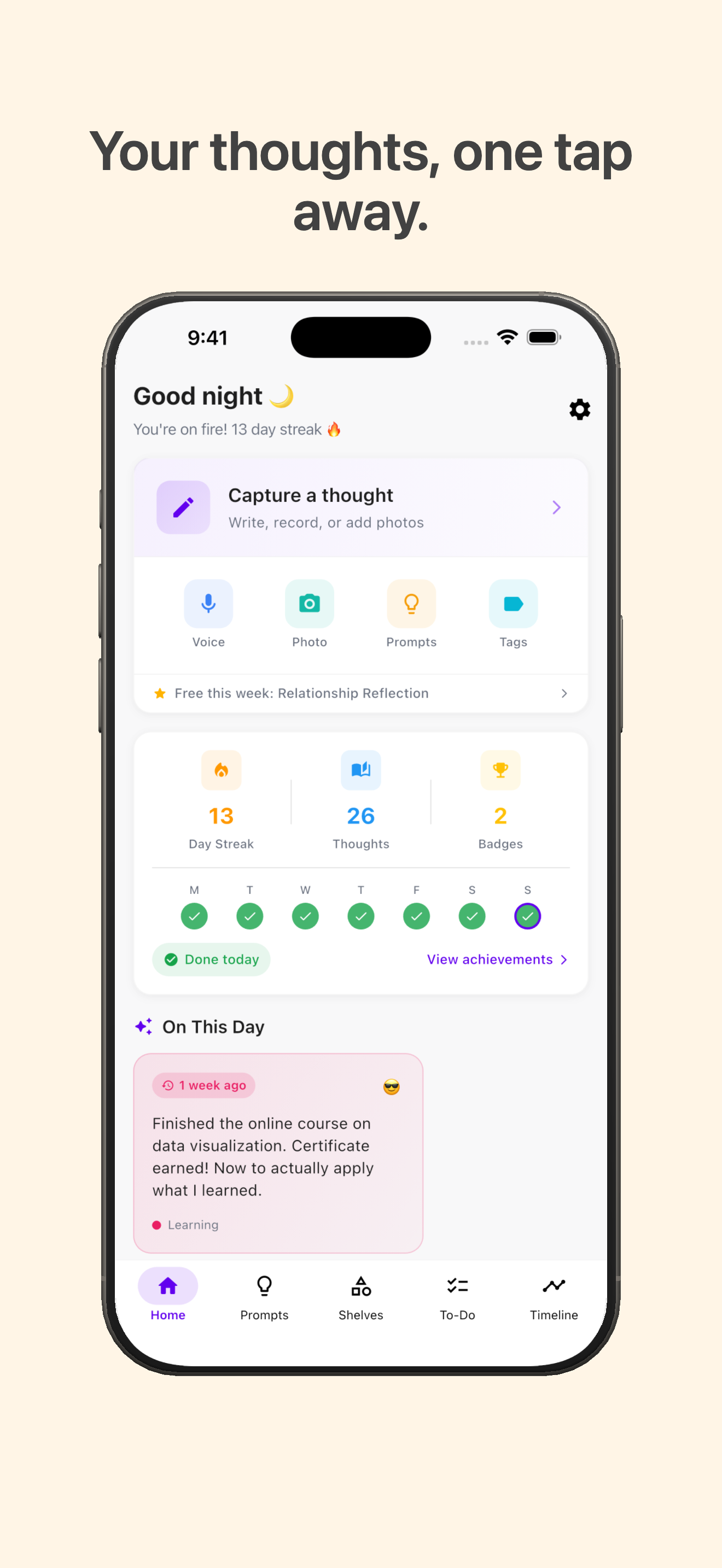 MindVault - Home screen with streaks, mood tracking, and quick capture