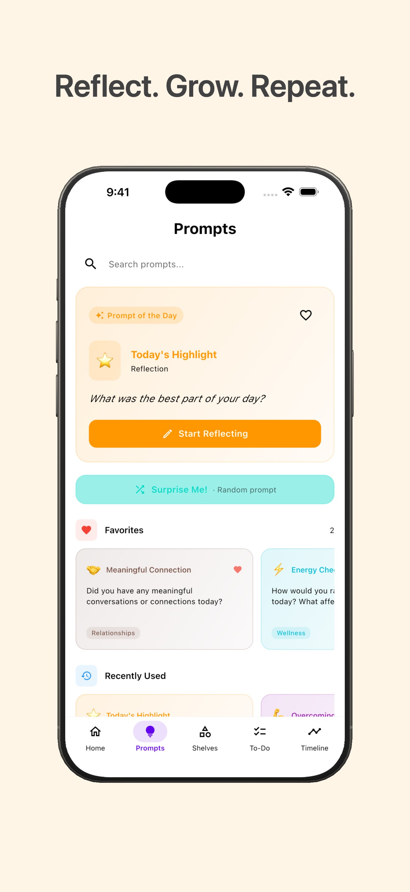 Guided reflection prompts across 17 categories